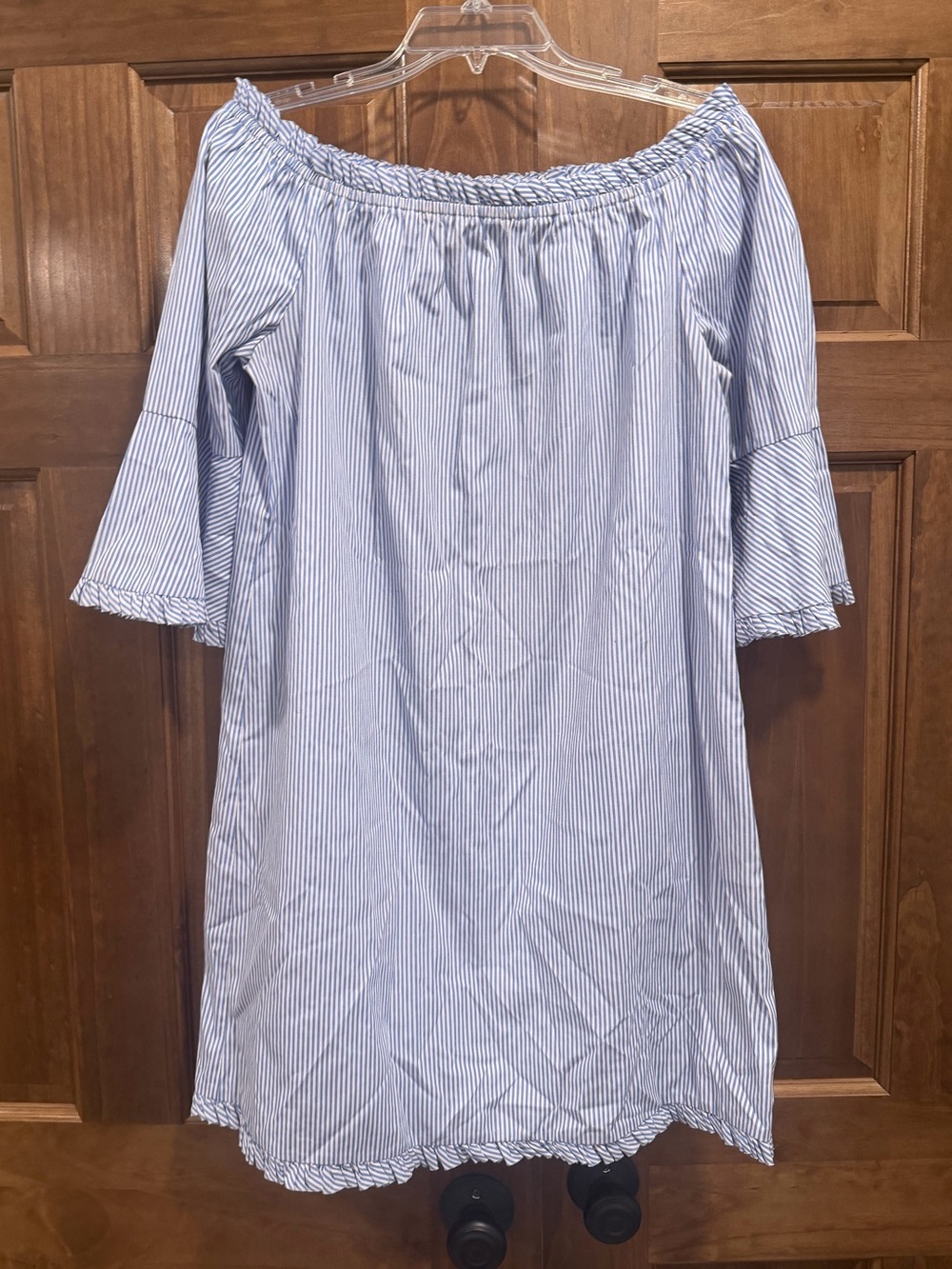 Westport Light Blue and White Striped Off-Shoulder Knee Length Dress, Size 10